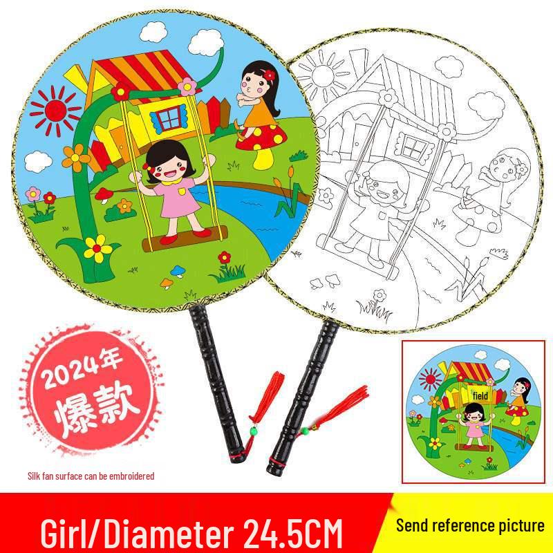 DIY Children's Silk Cloth Round Fan with Bamboo Handle - Palace Style Hand-Painted Kindergarten Craft