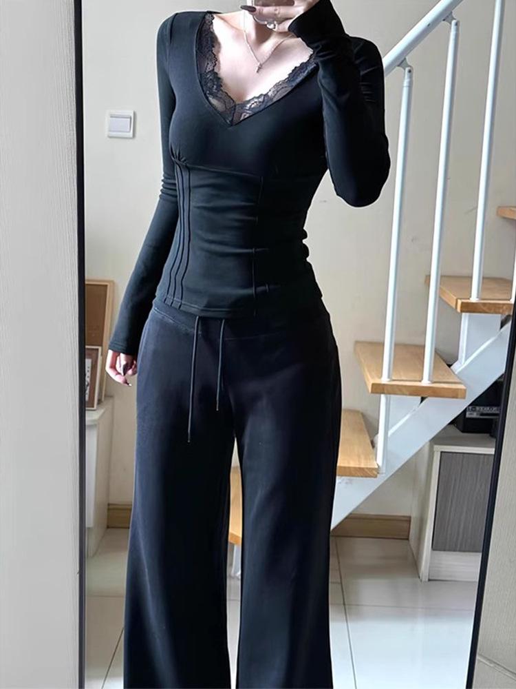 Elegantes Damen Frühlings Spitzen-Patchwork V-Ausschnitt Langarmshirt