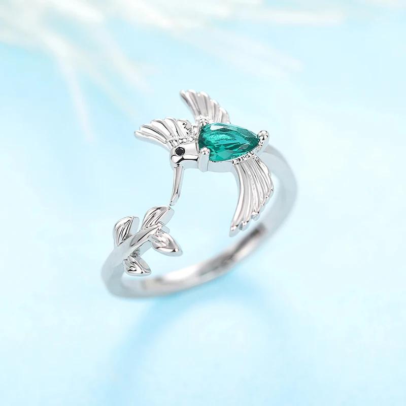 Huitan Gorgeous Lovely Bird Opening Ring for Women Creative Delicate Finger Accessories with Green CZ Trendy Fancy Party Zircon