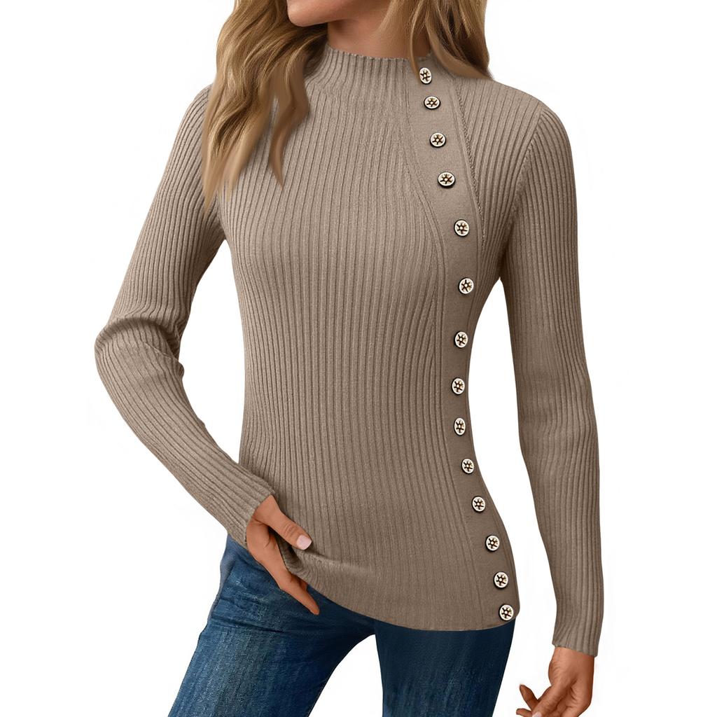 Women's Casual Solid Color Slim Button Knit Sweater Long Sleeved Base Sweater Sweater