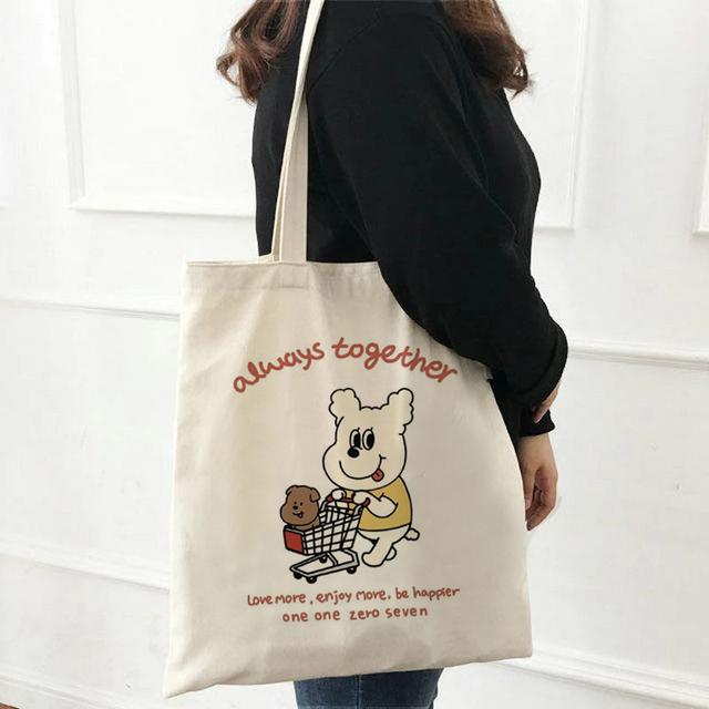 Kawaii Cartoon Fashion All-match Shopping Bag Cute Pattern Canvas Shoulder Bag Cute Female Harajuku White Large Capacity Beach B