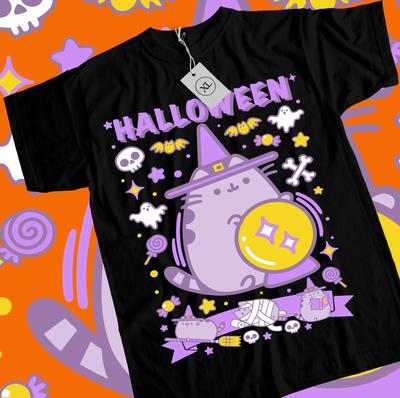 Maglietta Gatto Pusheen Kitty e Amici Gatto di Halloween Amore Maglietta da Ragazza Tutte le Taglie
