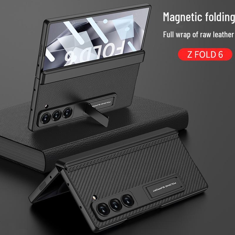 Samsung Z Fold6 Case: Plain Leather, Magnetic Hinge, Integrated Screen Protector, Creative Cross-Border Design