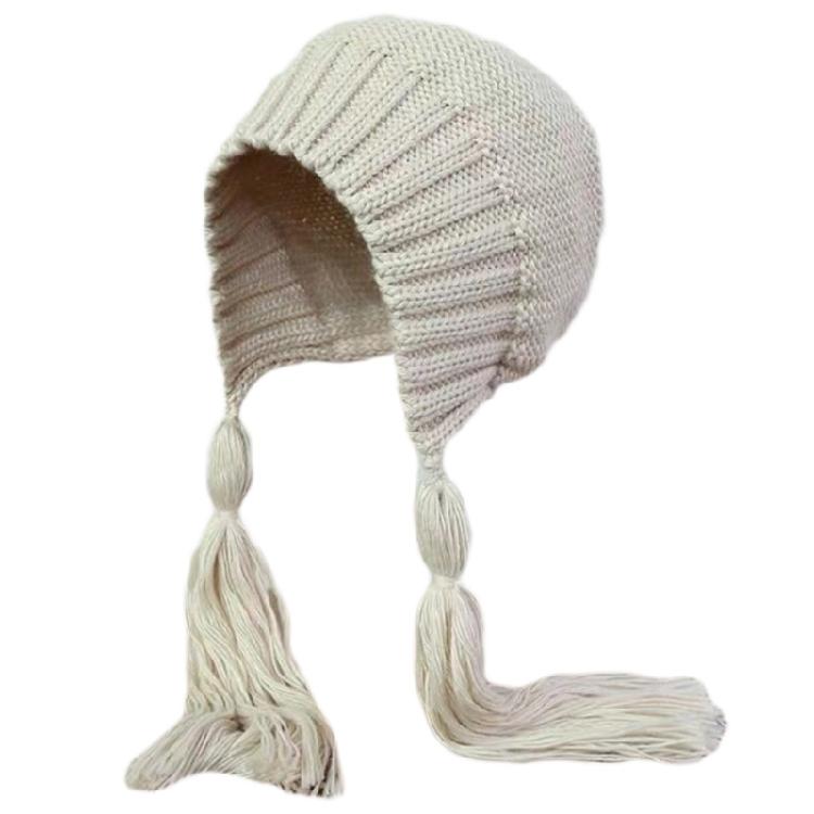 Solid Color Long Twist Braid Beanie Hat Ear Flaps Knitted Hat for Outdoor Sport