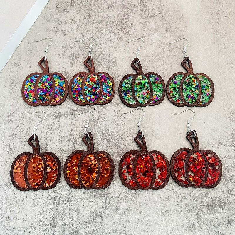 New Autumn Thanksgiving Earrings Halloween Pumpkin Wooden Inlaid Acrylic Glitter Earrings Jewelry For Women Gifts