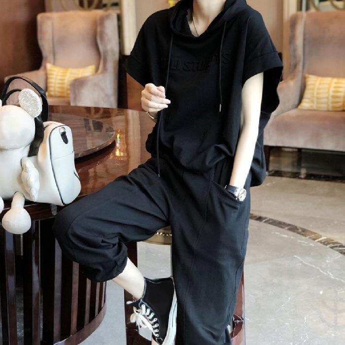 

Женский европейский спортивный костюм для трансграничных видов спорта: Новый весенне-летний повседневный худи и брюки-двойка 5XL чёрный