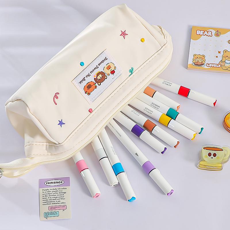 1pcs Three Cartoon Bear Pencil Bag Pen Case Embroidery Design Large Opening Cute Portable Storage Pouch Student