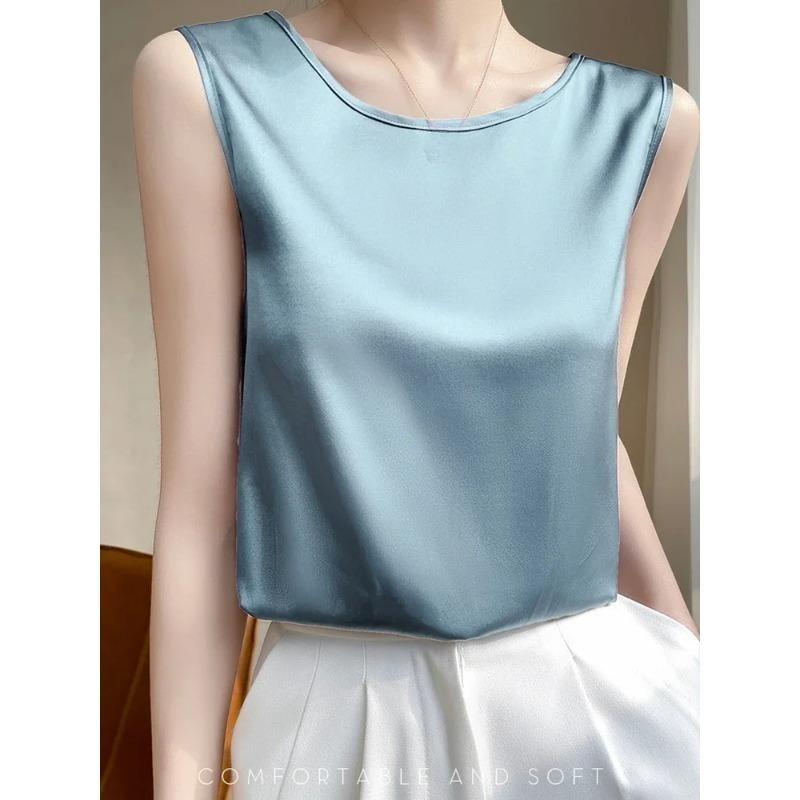 Summer Silk Camis Women's T Shirts Sleeveless Vest Satin Tank Tops Office Elegant Fashion O Neck Champagne BlouseTop Women