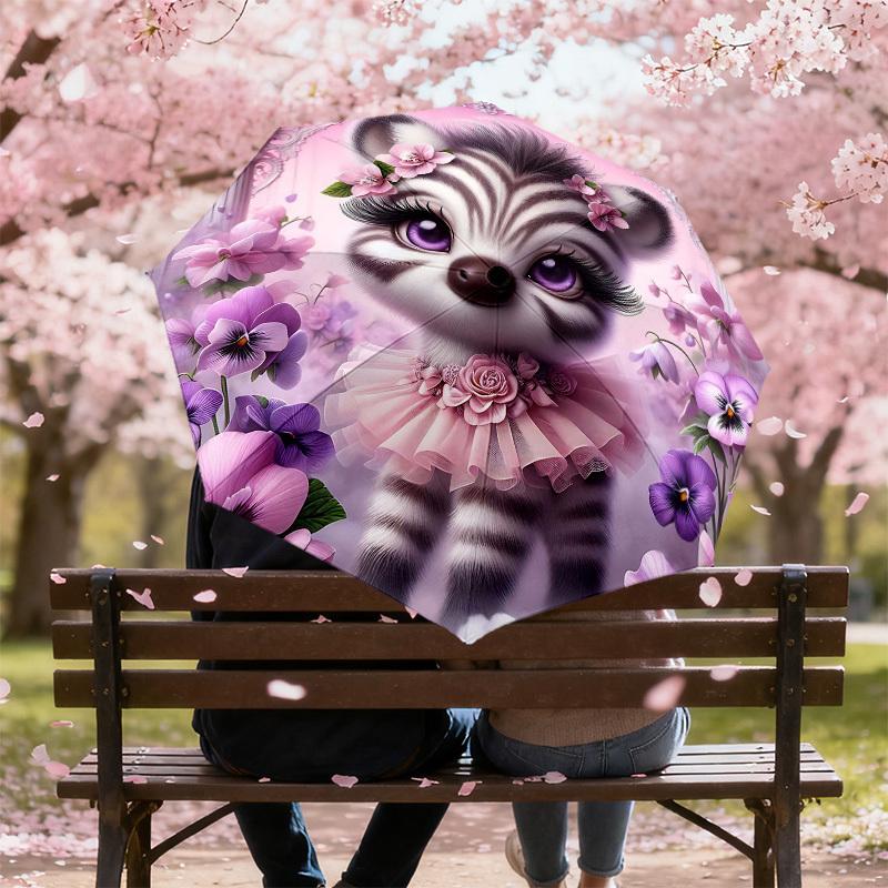 1PC Raccoon Flowers Umbrella-8-Rib Reinforced Portable Folding Travel Suitable for All Seasons Outdoor Daily Use-H0369