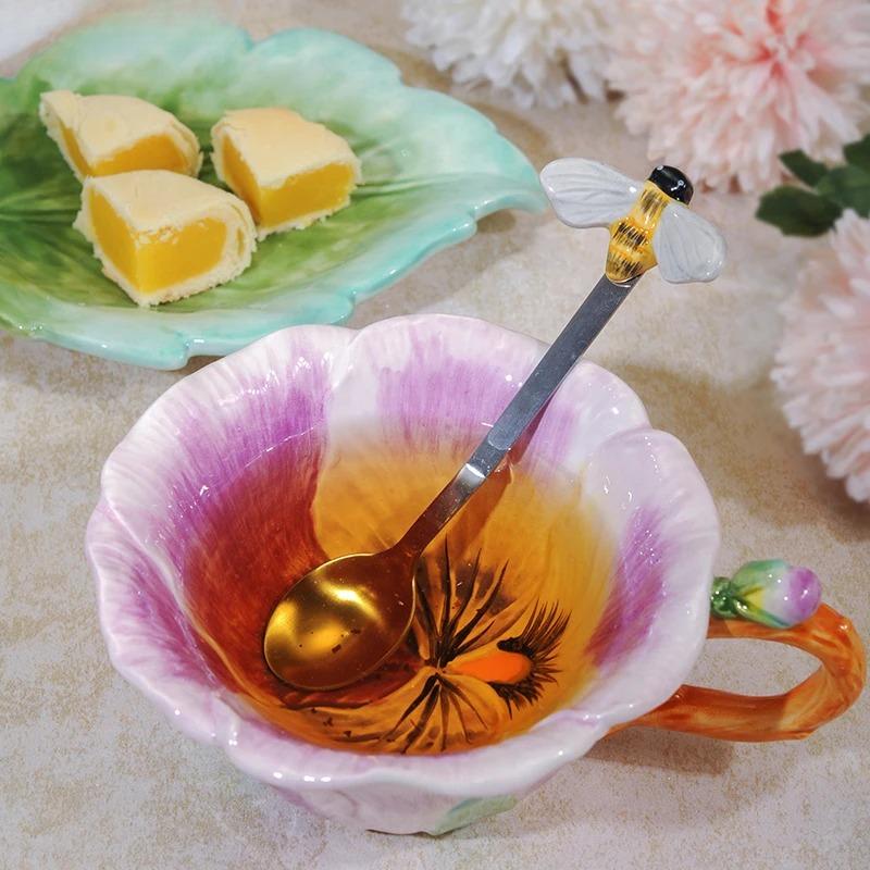Creative Flower Ceramic Cup with Saucer Spoon Coffee Cup Set Flower Tea Cup Water Cups Tea Mug Milk Mug Decorative Cups Gift