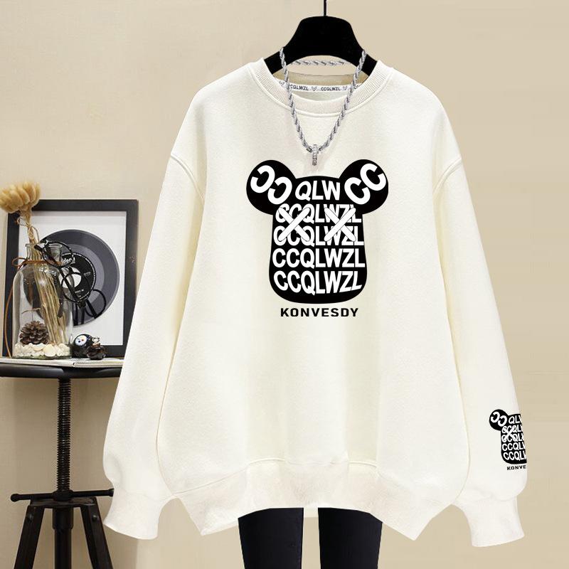 Cartoon pure cotton crew neck sweater women's 2025 autumn and winter velvet thickened casual fashion lazy wind loose large size women's clothing