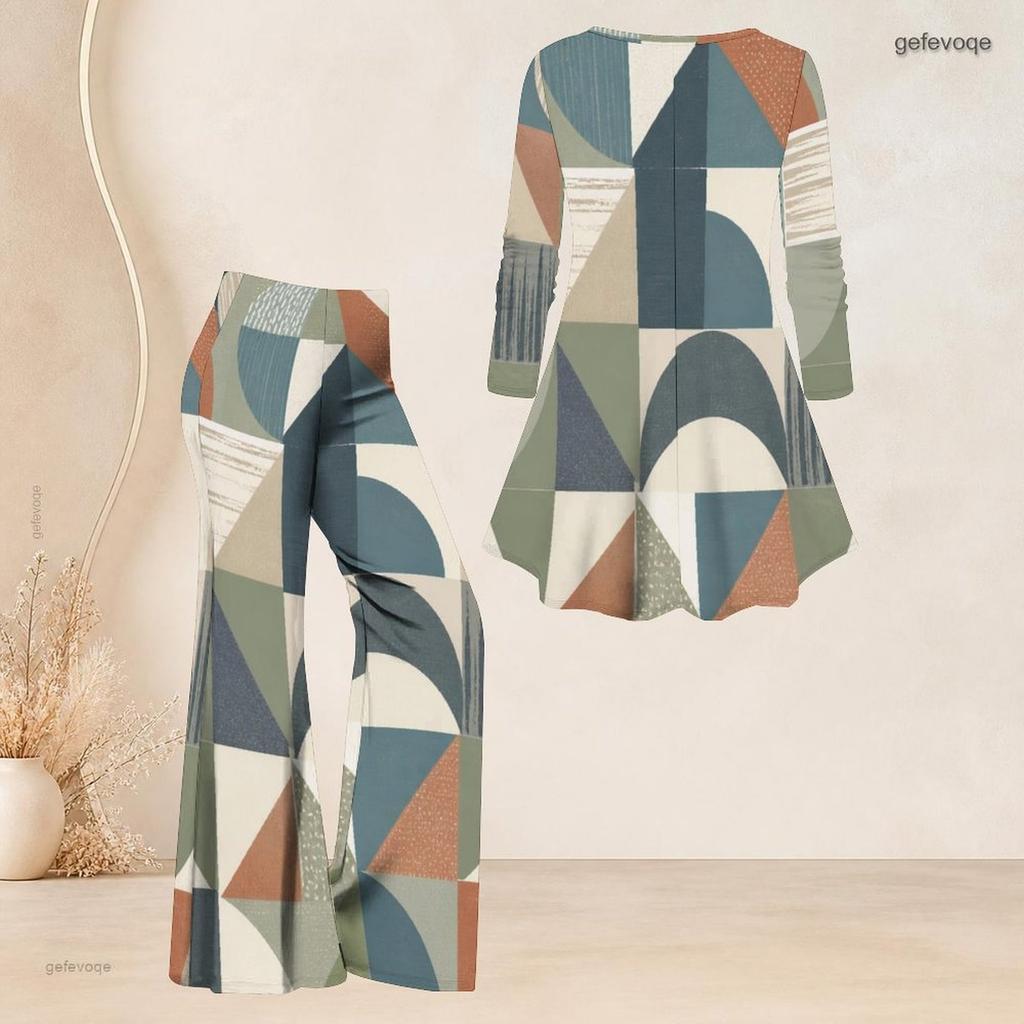 Women Plus Size V Neck Three Quarter Sleeve Printed Flared Top And Flared Pants Two Piece Set