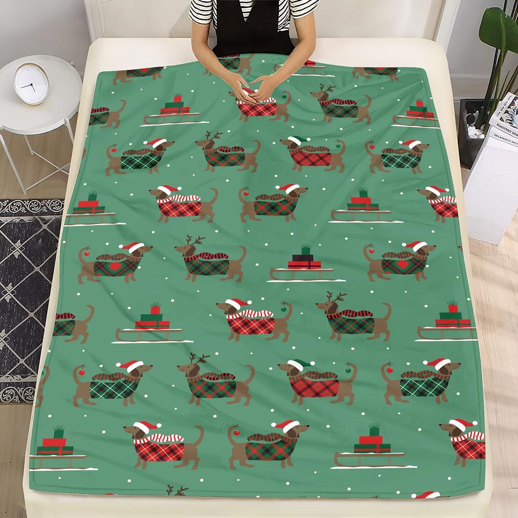 Festive Christmas Dachshund Plaid Pattern Digital Print Fleece Blanket - Soft and Warm for Sofa, Bed, or Travel