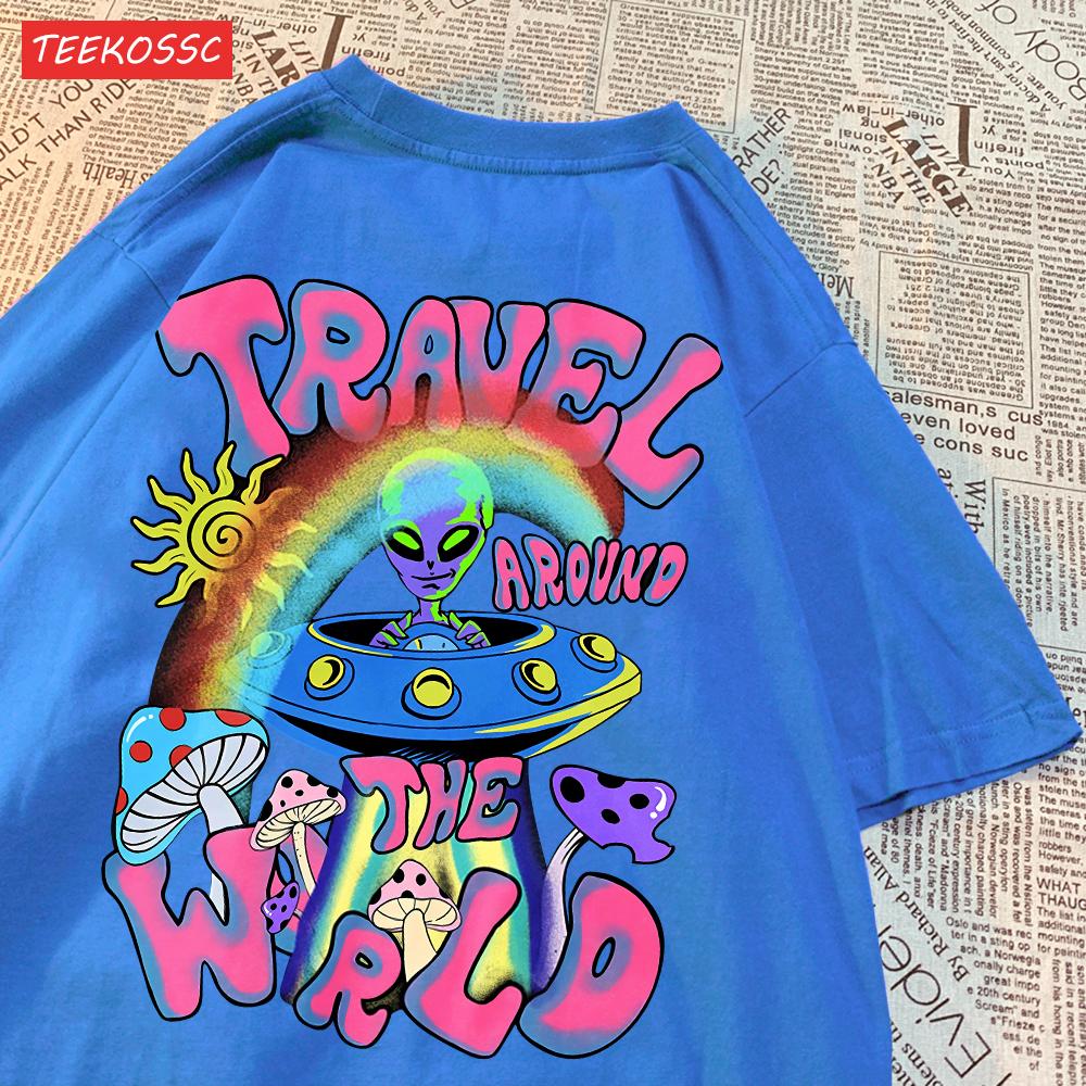 Mode Baumwolle Damen T-Shirts Alien UFO Weltreise Drucke Kurzarm Rundhalsausschnitt Weich Atmungsaktiv Street Damen Kleidung