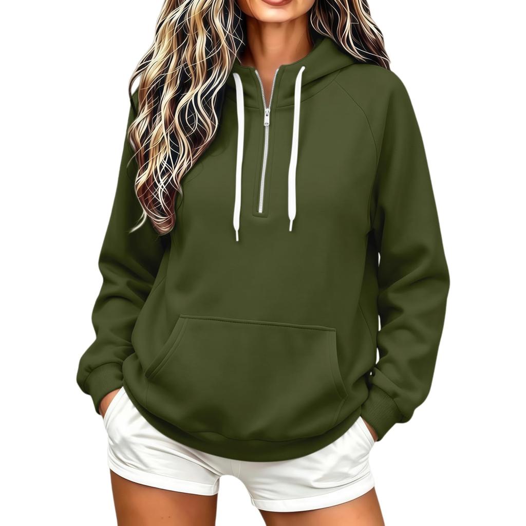 Women's Half Zip Hooded Sweatshirt Loose Fit Long Sleeve Color Casual Pullover