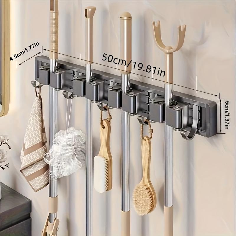 

1pc Bathroom Shower Storage Rack, Metal Mop and Broom Rack, with Removable Hooks, Wall-mounted Storage Rack, Suitable for Bathroom Shower Storage 5 hooks 4 clips сірий