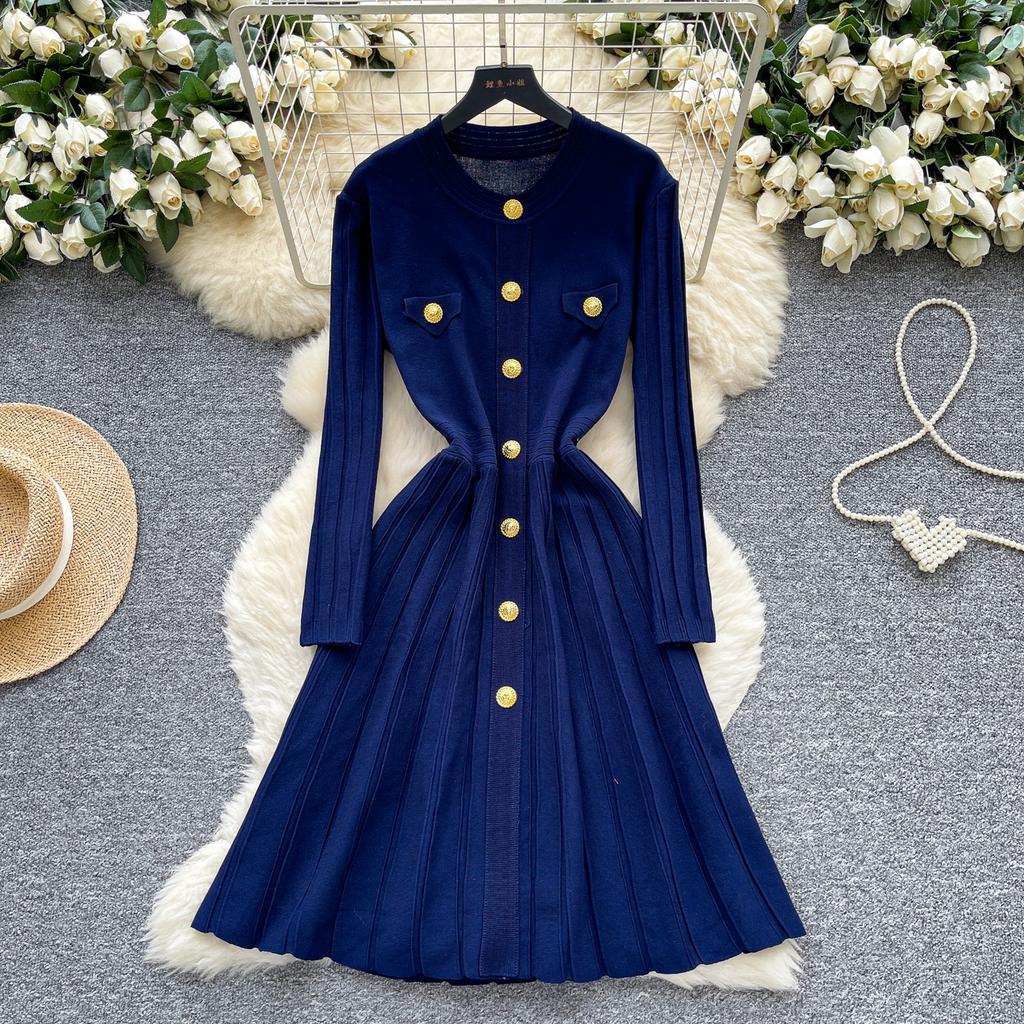 Autumn Winter High Waist Knitted Umbrella A-line Dresses 2025 New Buttons O-neck Long Sleeve Loose Sweater Dress Female