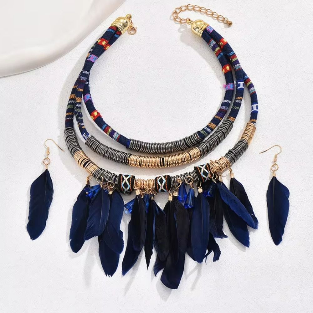 Fashion Bohemian Necklace Vintage Necklace Earrings Set Feather Tassel Necklace  Dating Accessories