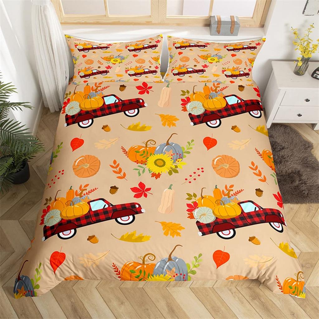 Fall Maple Leaves Autumn Harvest Theme Duvet Cover Cartoon Christmas Santa Thanksgiving Pumpkin Holiday Decor Gifts for Children