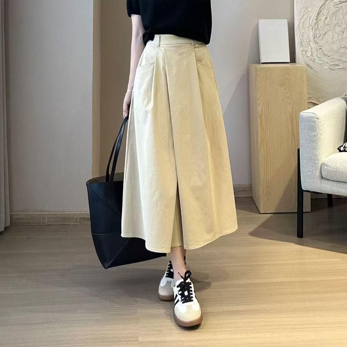 Women s Spring/Fall Elegant Casual High-Waisted Midi Dress, Slimming Summer Solid-Color Skirt XS