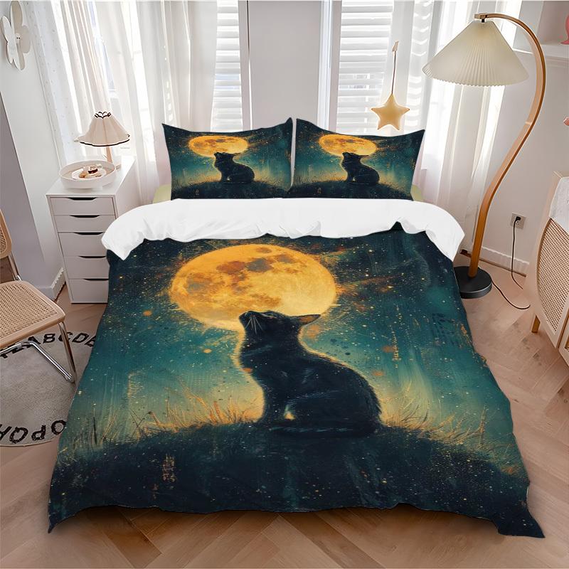 3pcs Anime Cat Moon Bedding Set - Includes One Quilt Cover and Two Pillowcases (No Core) - Polyester Fabric, Perfect for Bedroom and Guest R