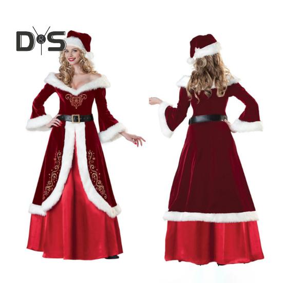 Women Christmas Dress Santa Cosplay Off Shoulder Color Matching Retro Yoyal Style with Belt And Hat A-line Performance Party Festive Costume
