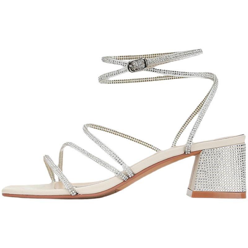 2025 sommer kveldsbris fe ettords spennestropp tykk hæl sandaler dame fransk rhinestone slange stropp høy hæl