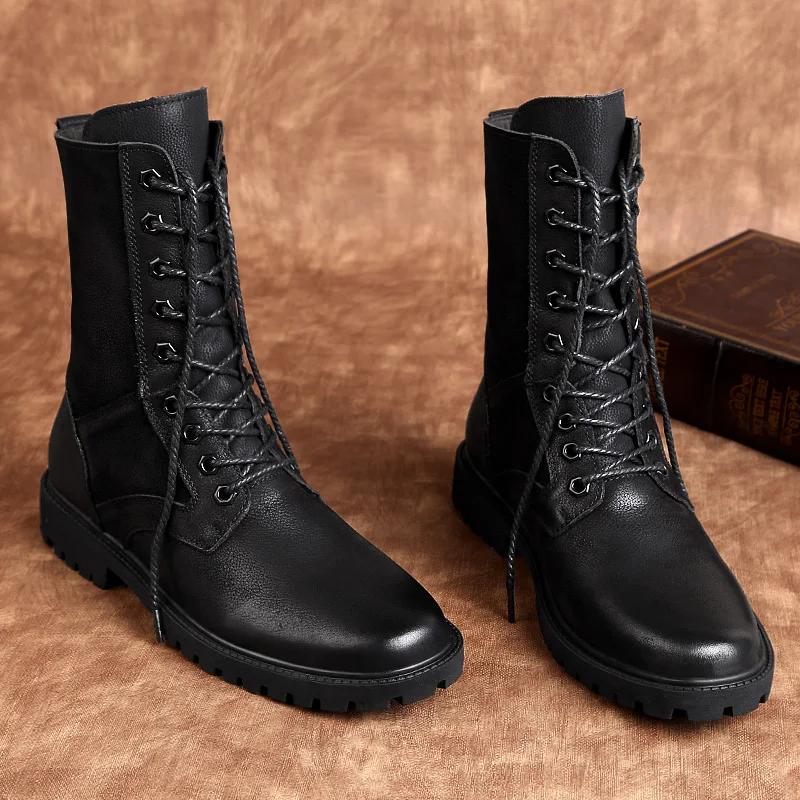 Fashion Men's Boots Black Luxury Brand Sewing Mens Shoes Rubber Casual Shoes For Men Genuine Leather Winter Boots Man Big Size 36-50