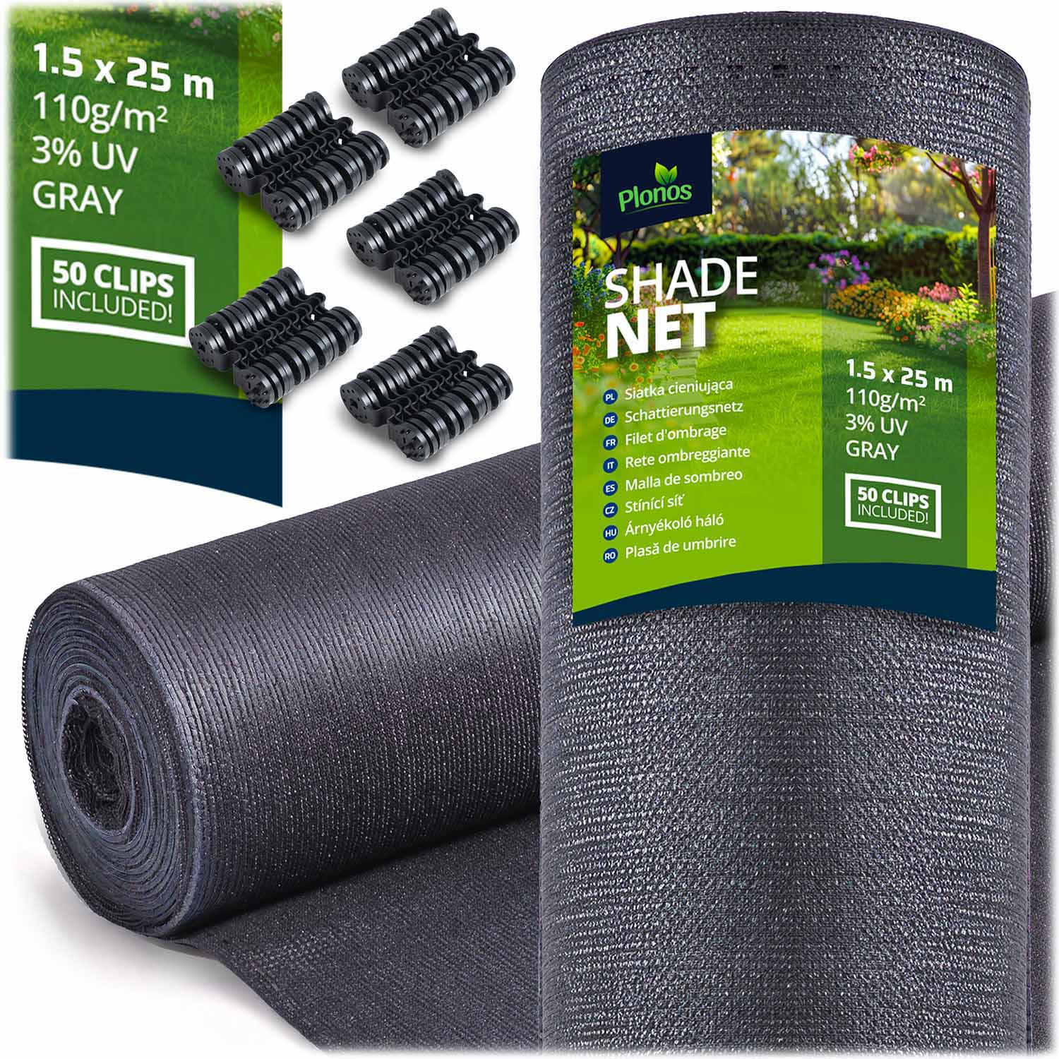Shade net 1.5x25m 110g/m2 + 50 clamps gray