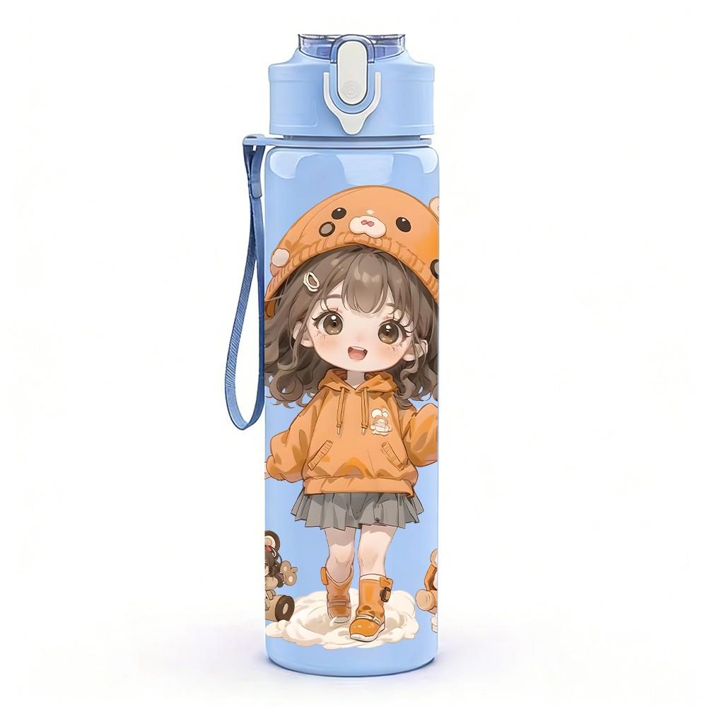 1PC Orange Hood Girl Small Pet Companion Pattern 750ml Color Plastic Sports Water Bottle Leakproof Flip Straw Lid Suitable for Sports Office Home Use