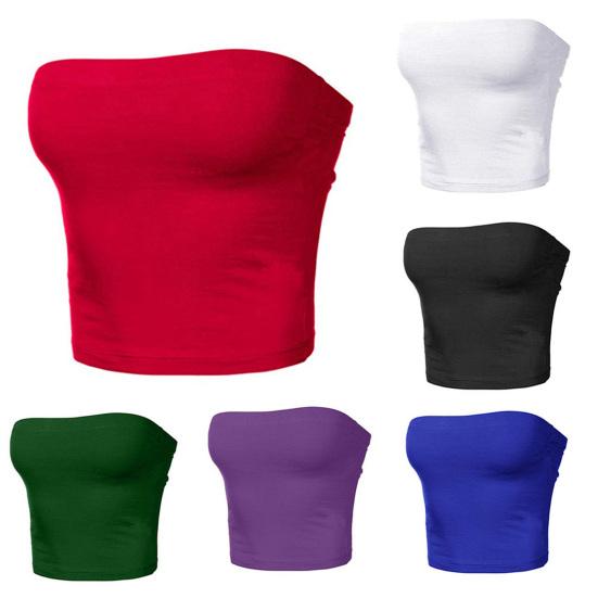 Women Sexy Solid Color Strapless Cropped Mini Bustier Slim Elastic Tube Top