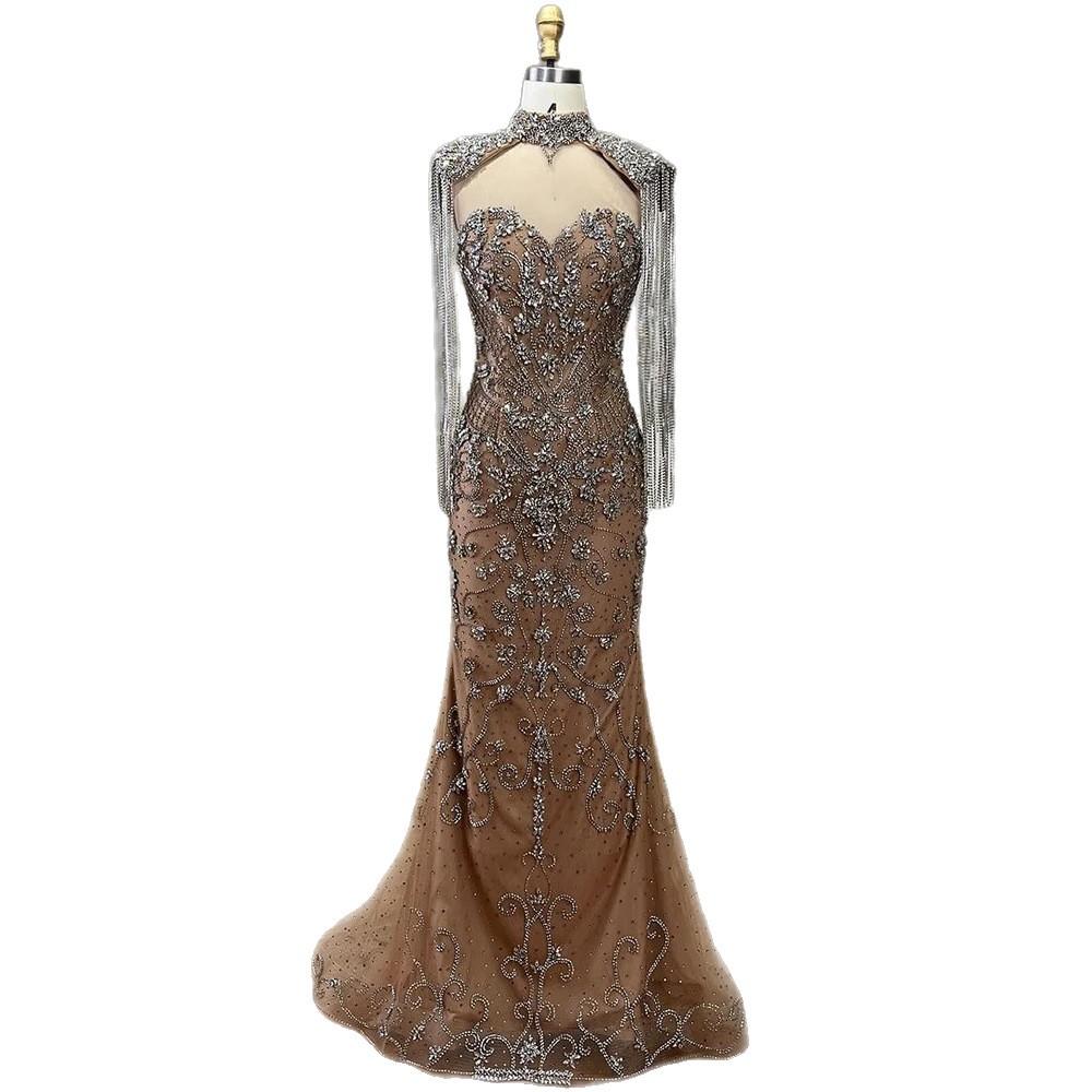 Heavy craftsmanship luxury caramel color diamond elegant celebrity temperament annual meeting host evening dress LA11111A