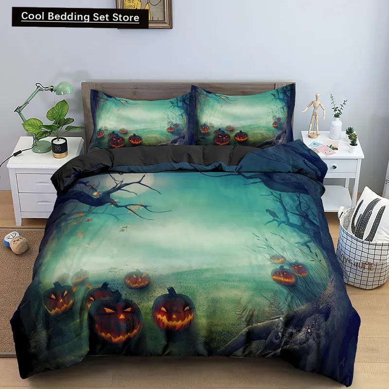 Happy Halloween King Queen Duvet Cover Orange Pumpkin Bedding Set Kids Teens Adults Bats Horror Festival Polyester Quilt Cover