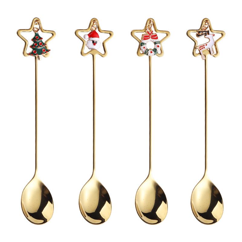 2/4PCS Christmas Coffee Spoons Set Gold Christmas Stainless Steel Spoon Dessert Spoon New Year Decoration For Tableware