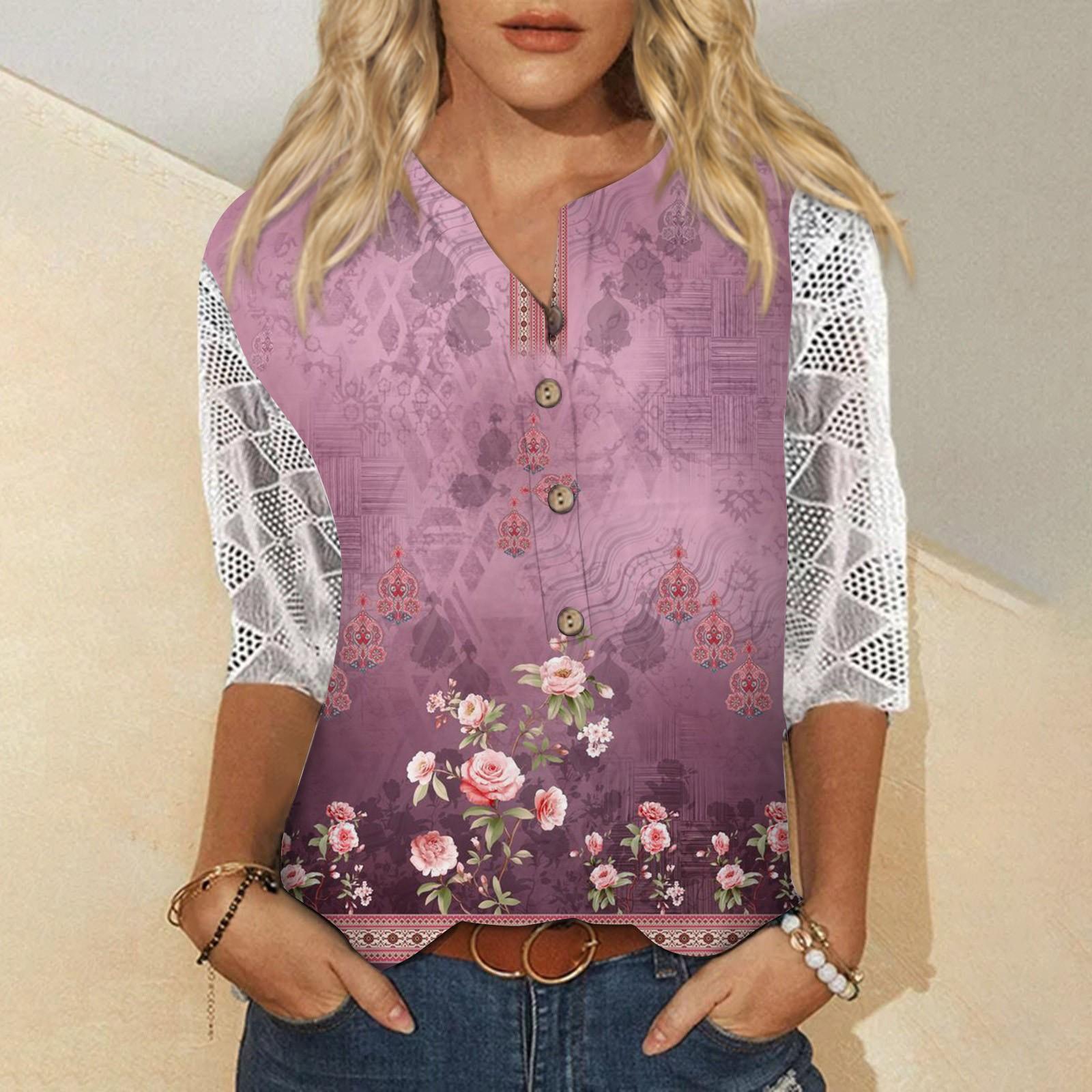 

Женские рубашки с v-образным вырезом и рукавами 3/4, кружевная повседневная блузка с принтом, свободные рабочие туники, топы XXL фиолетовый