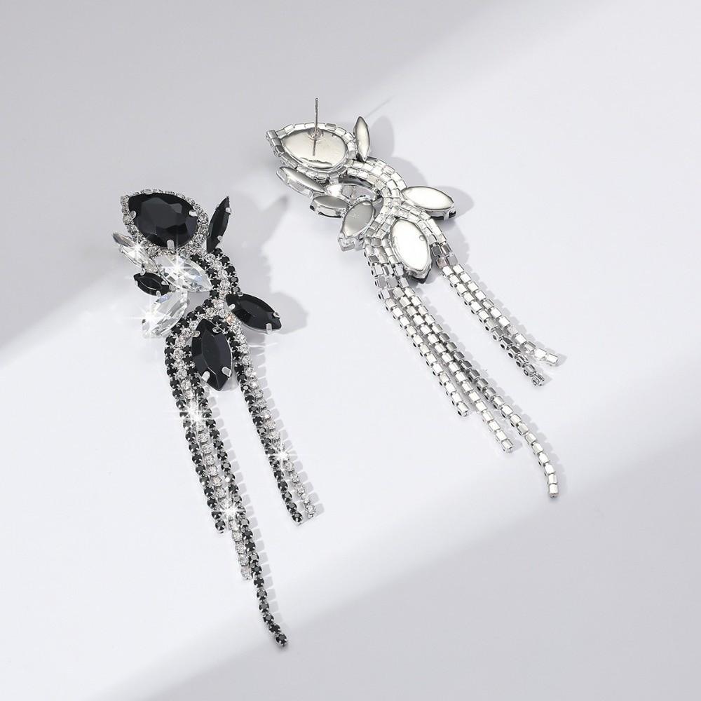 Rose Pink Crystal Earrings Black Water Drop Earrings Jewelry Long Tassel Earring  Weddings