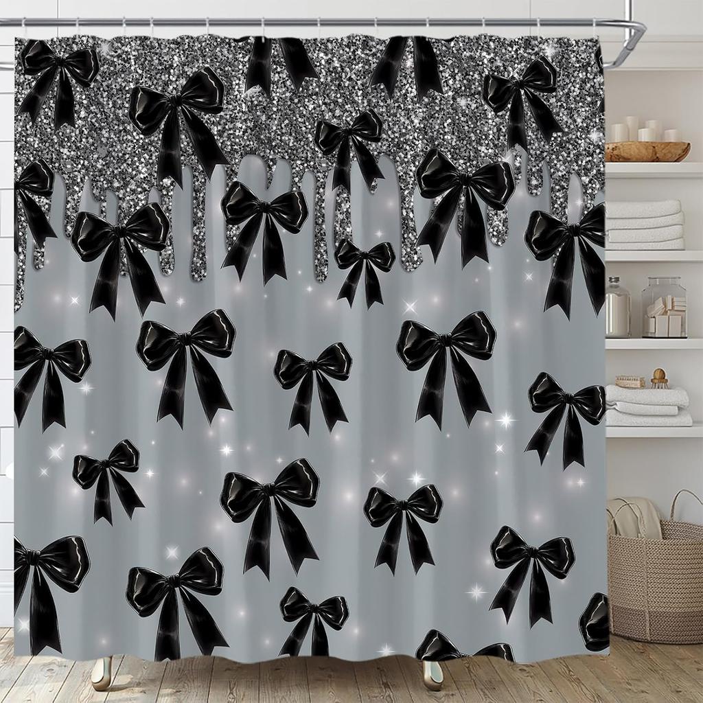 Black Bow Shower Curtain Fashion Girly Grey Shimmer Sequins Bowknot Dreamy Party Fabric Bathroom Curtain Set with Hooks