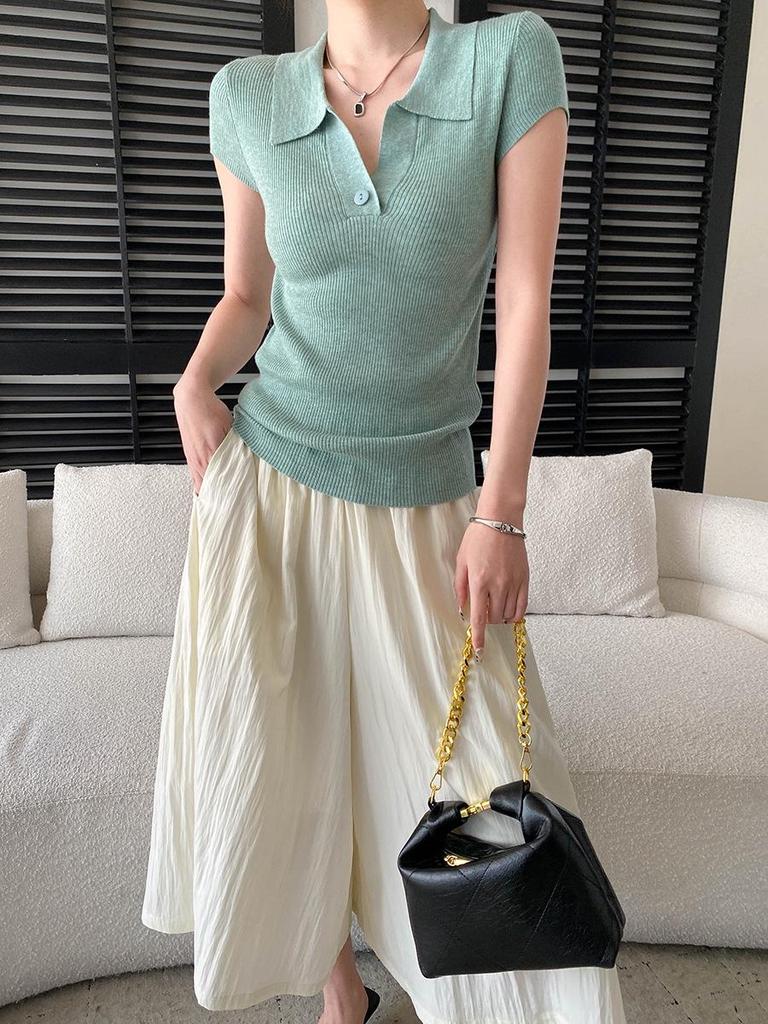 Sinan Elastic High-Waist Slimming Wide-Leg Cropped Pants with Wrinkled Texture