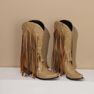 Fransen Nieten Western Damen Mid-Calf Stiefel Rot Gelb Stickerei Nähen Hohe Quadratische Absätze Winter Party Slipper Cowgirl Halbhoher Stiefel