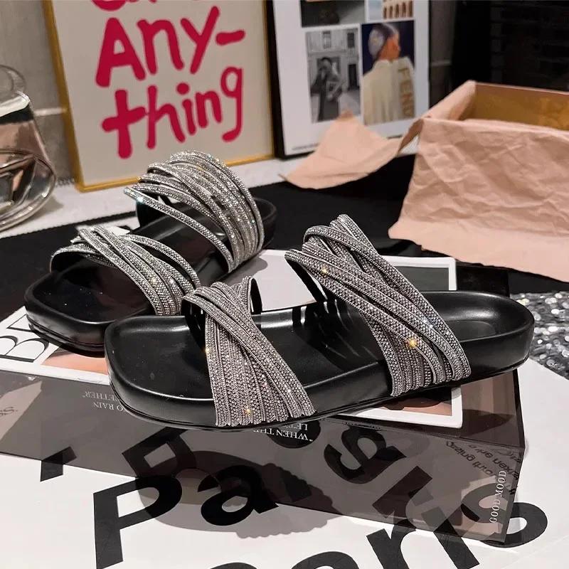 Modische Ballerinas Damen Hausschuhe Kristall Mode Schuhe Sommer Lässig Gemütlich Damen Sandalen 2025 Strand Flip Flops Kleid Gehen Mujer Schuhe