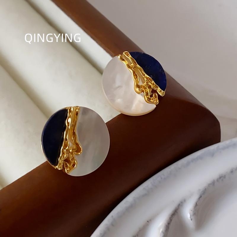 Guochao Lapis Lazuli & Mother-of-Pearl Artistic Luxury Stud Earrings with Silver Needle
