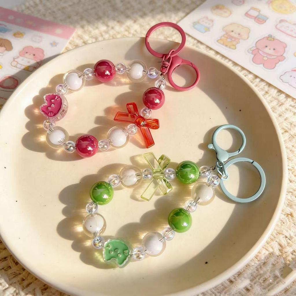 Fresh Candy Color Bow Cat Beaded Phone Lanyard Keychain Bag Charm