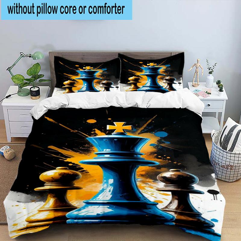 Golden Chess King On Black 3pcs Bedding,Including 1pc Duvet Cover And 2pcs Pillowcases Perfect for Christmas,Ideal for Bedroom, Dormitory