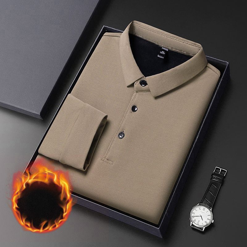 Plus Fleece Thicken Winter New Men Long Sleeve Polo Shirts Turn-down Collar Loose Solid Color Smart Casual Chic All-match Tops