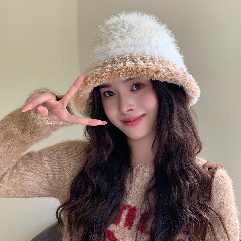 New high-quality plush color matching bucket hat women's Korean version of warm ear protection wool hat fashion travel basin hat tide