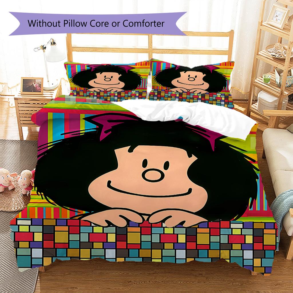 Pościel z wzorem Mafaldy, Zestaw kołdry Poszewka na kołdrę Poszewka na poduszkę Domowy prezent urodzinowy (1 * poszwa na kołdrę + 2 * poszewki na poduszki, bez rdzenia)