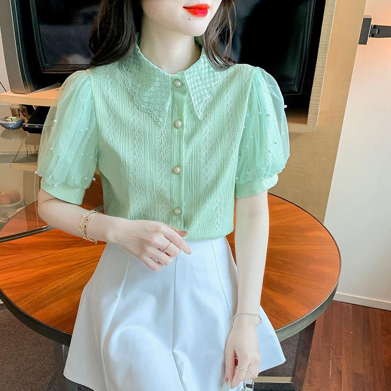 Bubble Short Sleeved Lace Shirt for Women Summer New Versatile Hollow Out Shirt Top
