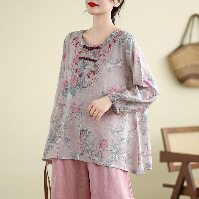 Autumn New Large Size Women's New Chinese Style National Style Embroidered Long-sleeved Tops Loose Pullover T-shirt
