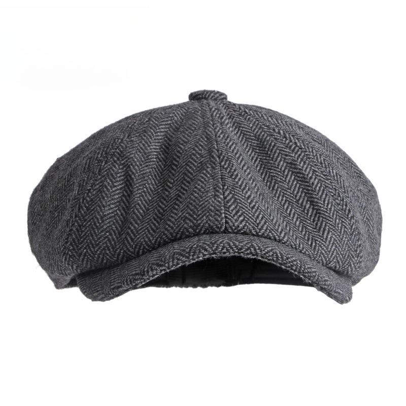 Men Herringbone Newsboy Cap with Leather Detail British Retro Octagonal Baker Boy Hat Spring Autumn Peaked Flat Cap Gatsby Beret