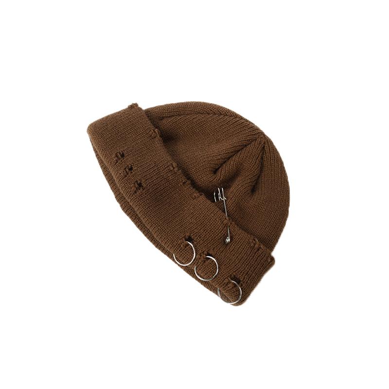 Winter Harajuku Y2K Beanies Knitted Hat Women  Warm Thick Flanging Metal Ring Short Hat Unisex Basic Cap